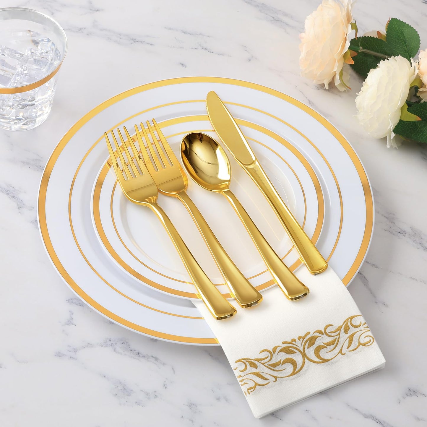 Goodluck 700 Piece Silver Dinnerware Set for 100 Guests, Disposable Plastic Plates for Party, Include: 100 Dinner Plates, 100 Dessert Plates, 100 Paper Napkins, 100 Cups, 100 Silverware set