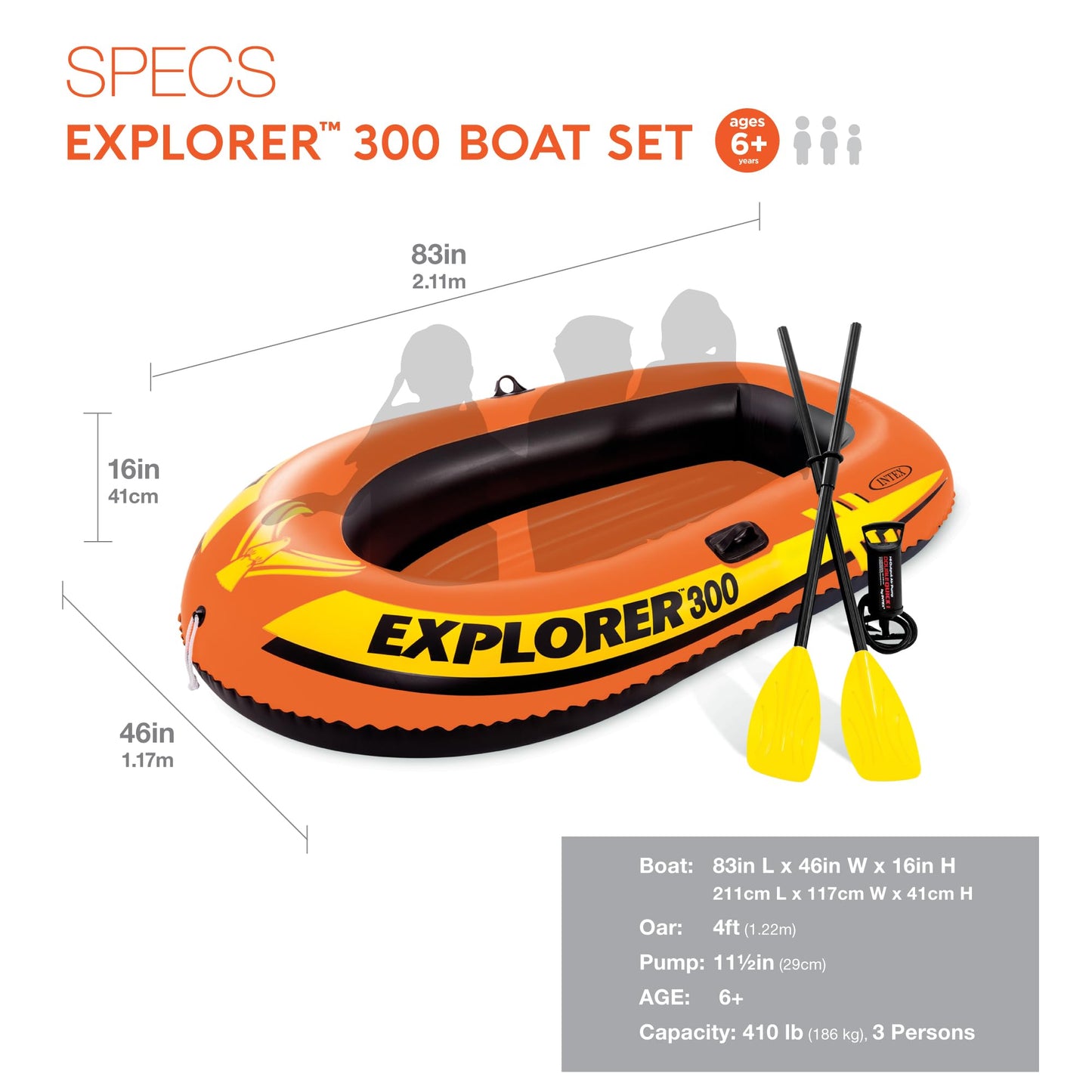 INTEX 58332EP Explorer 300 Inflatable Boat Set: Includes Deluxe Boat Oars and Mini Hand Pump – Dual Air Chambers – Grab Rope – 3-Person – 410lb Weight Capacity