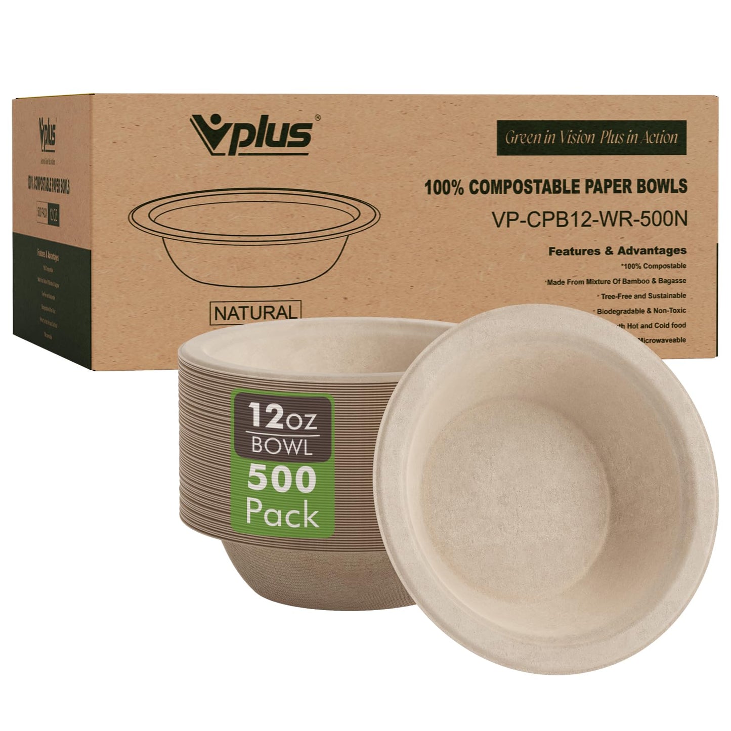 Vplus 500 Pack 12 OZ Paper Bowls Bulk, Disposable Compostable, Eco-friendly Bagasse, Heavy-duty Bowls Perfect for Milk Cereals, Snacks, Salads
