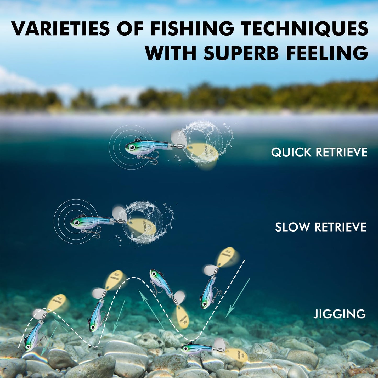 TRUSCEND Swimming or Jigging Fishing Spinners with Two-Way Spinning Spoons System, Rooster Tail Fishing Lures with Flash Copper Body & Blade, Freshwater and Saltwater Blade Bait for Bass Walleye Trout