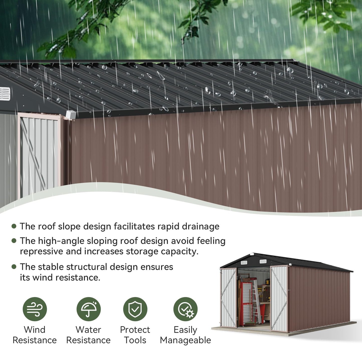 Aoxun 12x10 FT Shed Metal Outdoor Waterproof Storage Shed Steel Utility Garden Tool Shed with Door & Lock Outdoor Storage for Garden Patio Lawn Poolside, Brown
