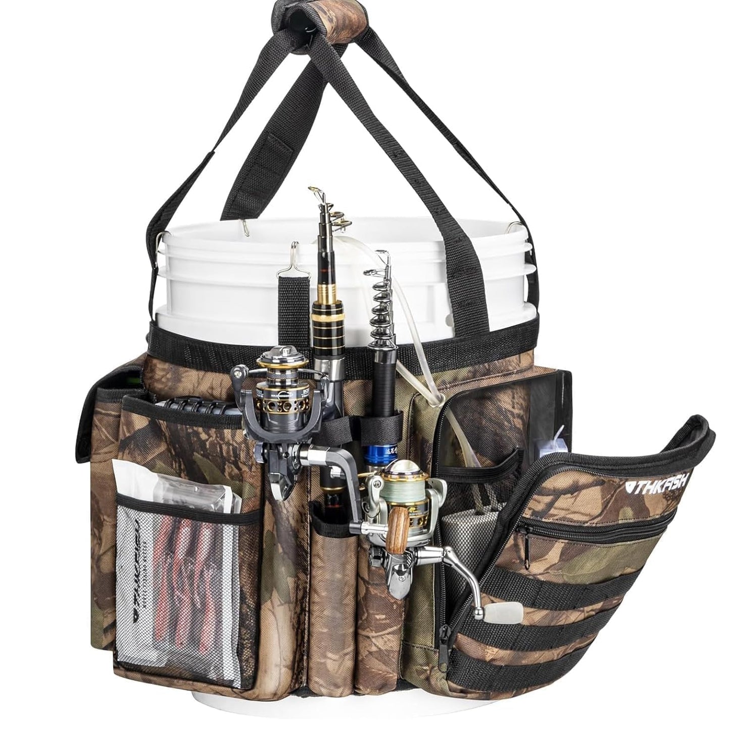 THKFISH Fishing Bucket Organizer for 5 Gallon Bucket, Ice Fishing Bucket Bag with Rod & Plier Holder, Adjustable Fish Protection Bucket Bag with Multi-Pockets for Fishing Gear
