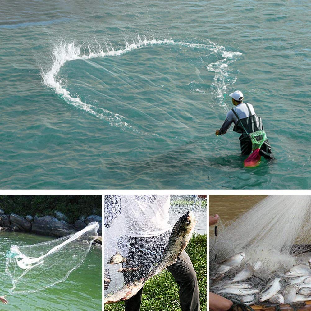 Yeahmart American Saltwater Fishing Cast Net for Bait Trap Fish 3ft/4ft/5ft/6ft/7ft/8ft/9ft/10ft Radius Casting Nets with Heavy Duty Real Zinc Sinker Weights, 3/8inch Mesh Size
