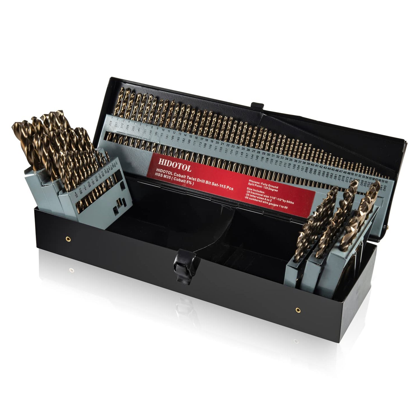 Cobalt Drill Bit Set 115 PCS - M35 High Speed Steel Twist Jobber Length Drill Bits for Hardened Metal, Stainless Steel, Cast Iron, Plastic and Wood, 1/16"-1/2", A-Z, 1-60
