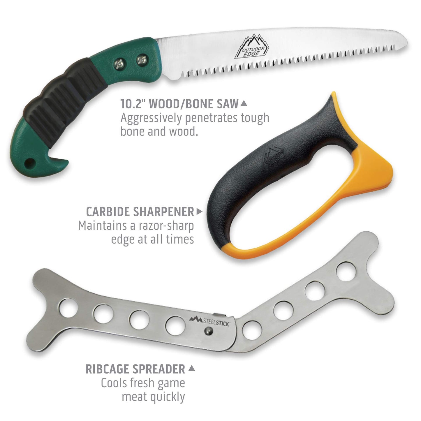 Outdoor Edge Game Processor, PR-1, Complete 12-Piece Hunting Knife Kit for Processing Big Game, Full Tang 420J2 Stainless Razor Sharp Blades, TPR Non-Slip Handles, Sturdy Hide-Side Storage Case