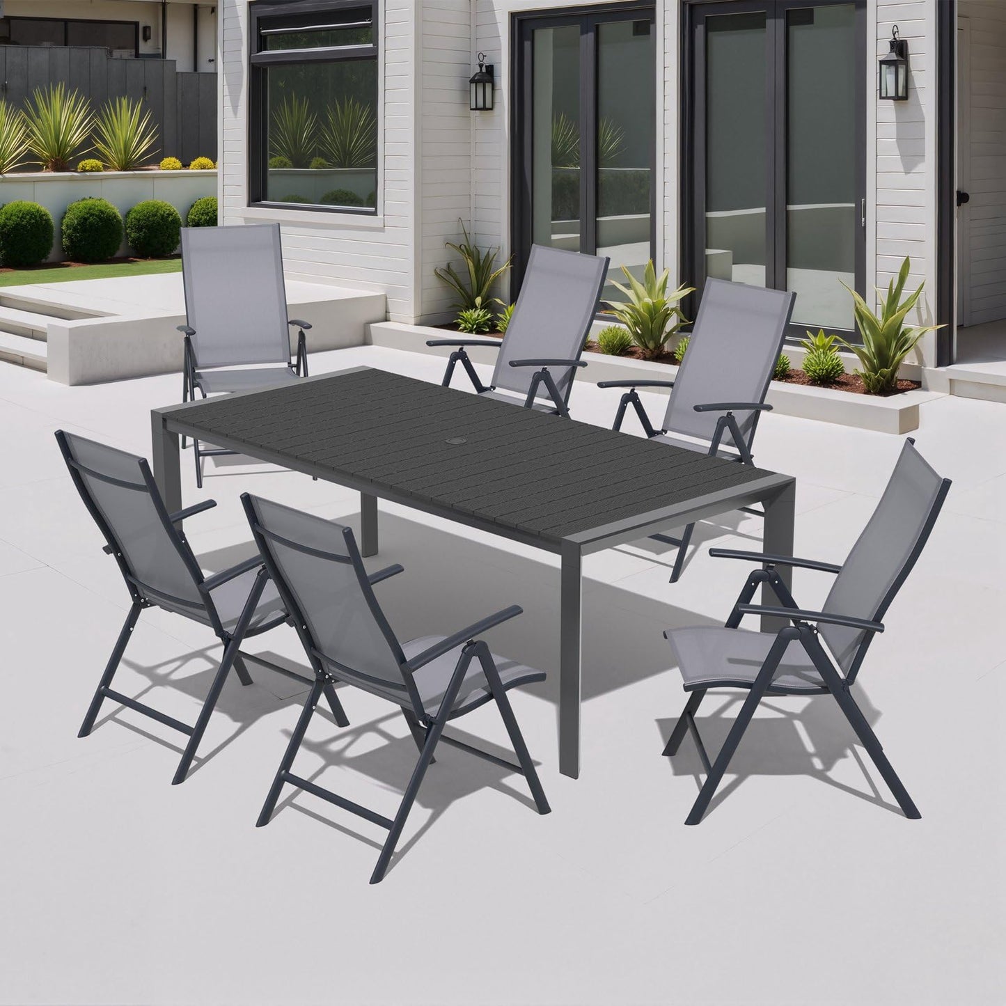 Crestlive Products 7 Pieces Patio Dining Set for 6, Outdoor Table and Folding Dining Chairs 70in Rectangle Aluminum Table with Umbrella Hole Foldable Adjustable High Back Patio Chairs, Grey