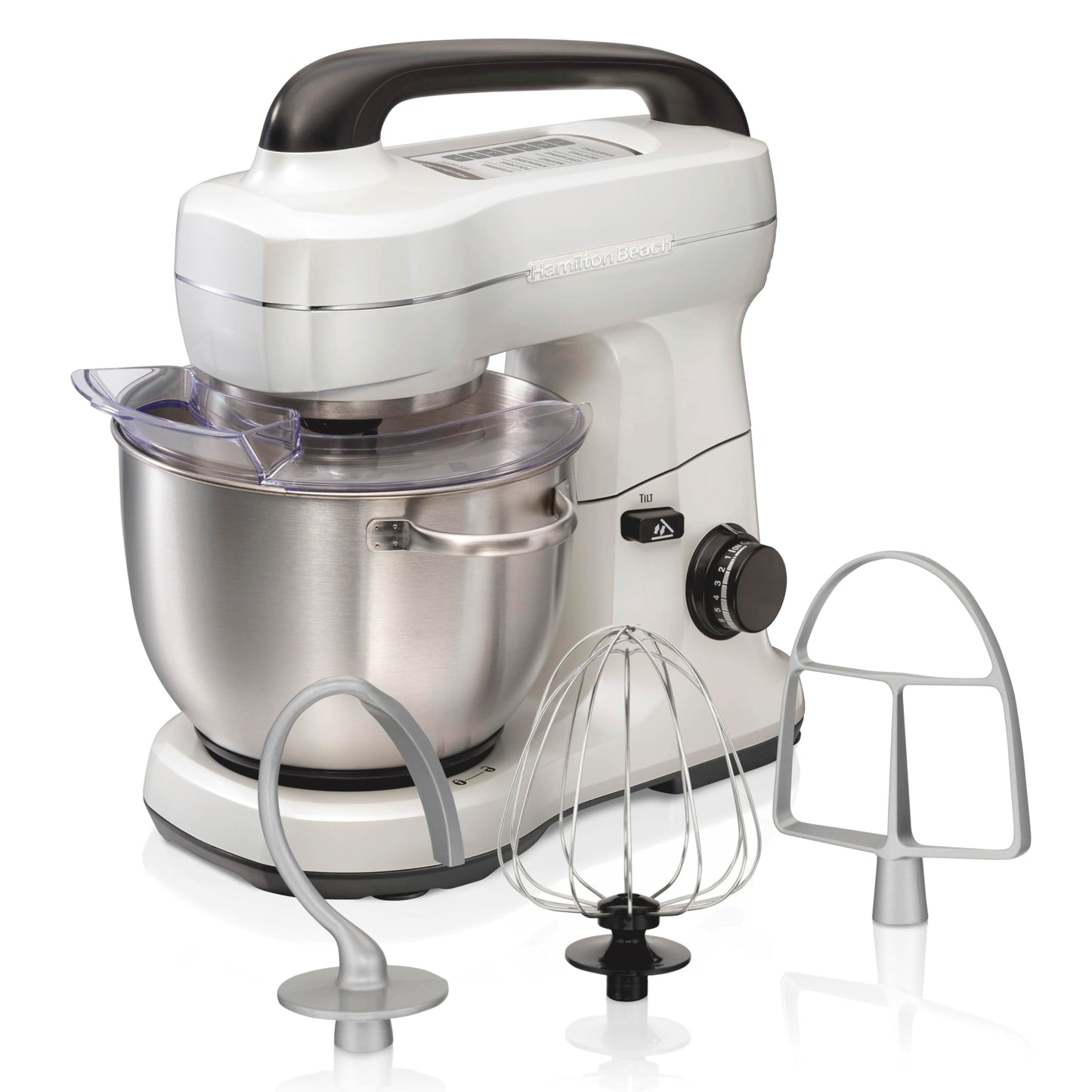 Hamilton Beach Electric Stand Mixer, 4 Quarts, Dough Hook, Flat Beater Attachments, Splash Guard, 7 Speeds with Whisk, Easy-Carry Top Handle, Blue