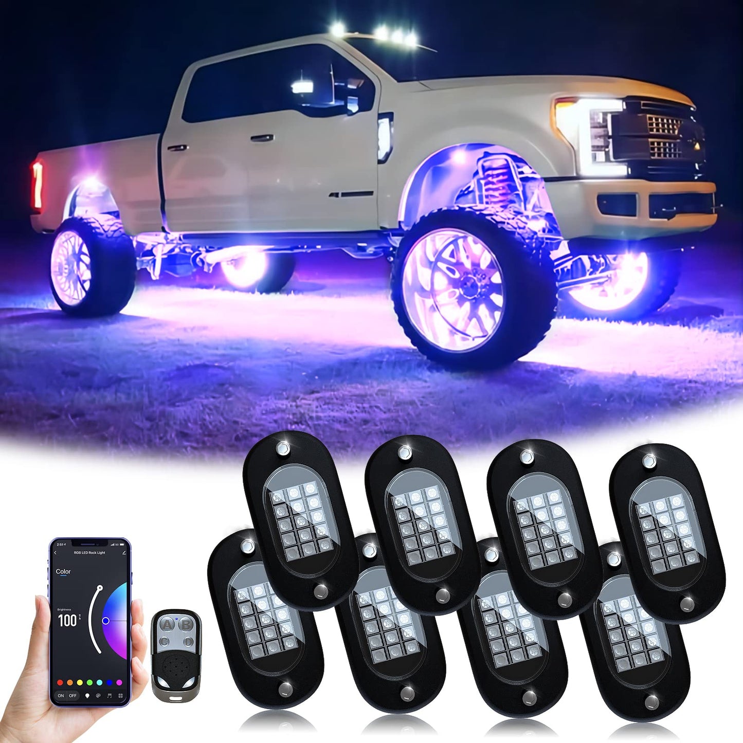 YiLaie RGB LED Rock Lights 14 Pods, 210 LEDs Lights with Phone App/Remote Control & Timing & Music Mode Rock Lights Kits, Waterproof Underglow Light for ATV RZR UTV SUV Off Road AUTO Motorcycle
