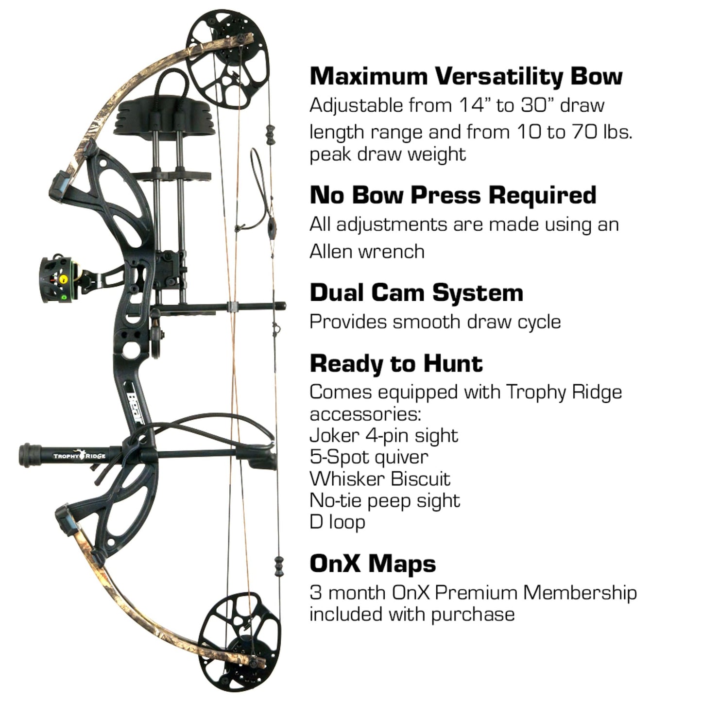 Bear Archery Legit Ready to Hunt Compound Bow Package for Adults & Youth, 14”- 30” Draw Length, 10-70 Lbs Draw Weight, Up to 315 FPS, Made in USA, Limited Life-Time Warranty