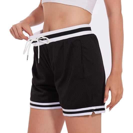 HEALONG Women Basketball Athletic Shorts: Double Mesh 5 Inch Inseam - Gym Sports Workout Jogger Drawstring Retro Fashion Soft Short with Pockets Black