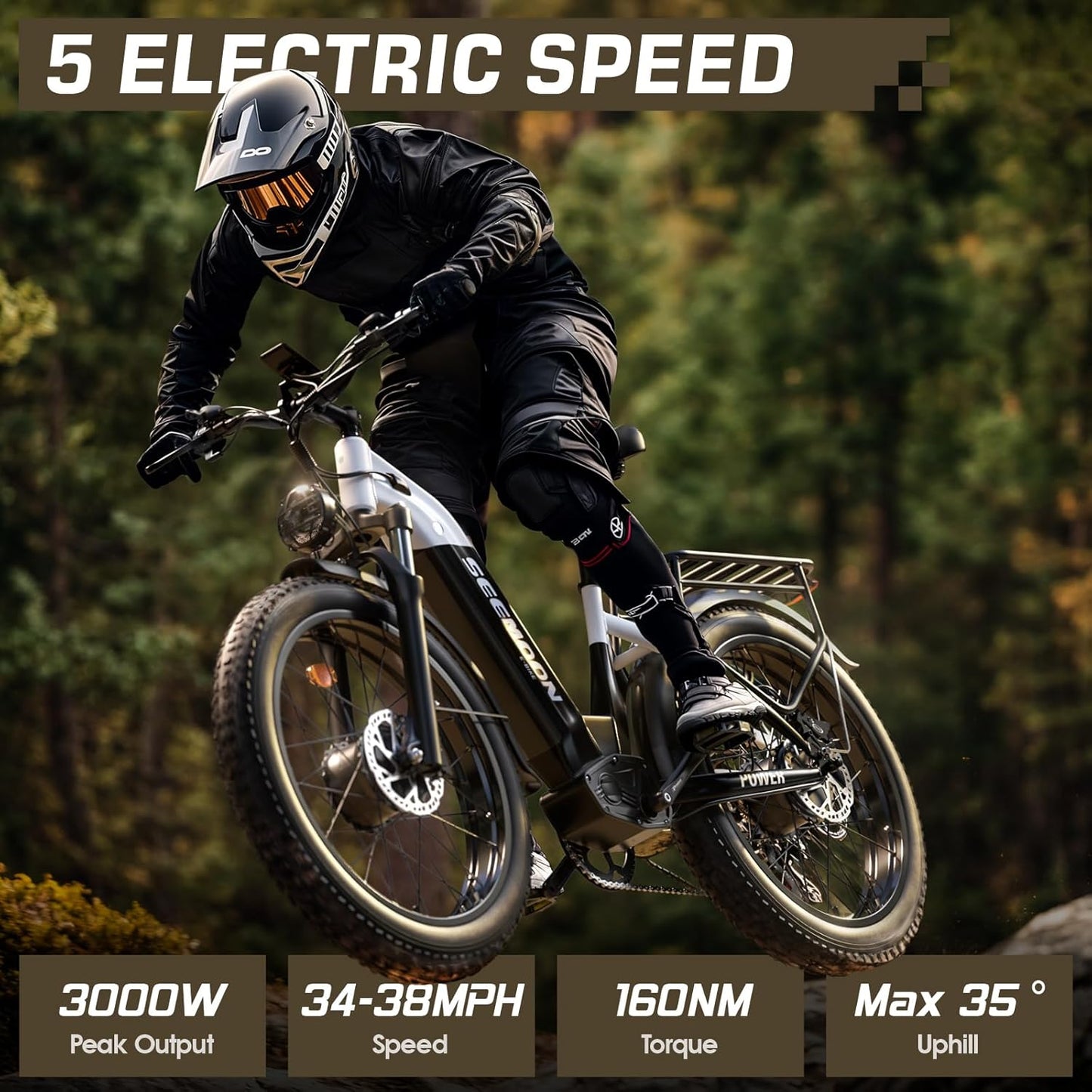 Seemoon Dual Motor 3000W Electric Bike for Adults, 52V 20Ah 26" Fat Tire Fast Ebike, Max 38 mph, up to 105 Miles, Hydraulic Brakes, Step-Through Design, Off-Road Mountain Hunting Bike for Men Women