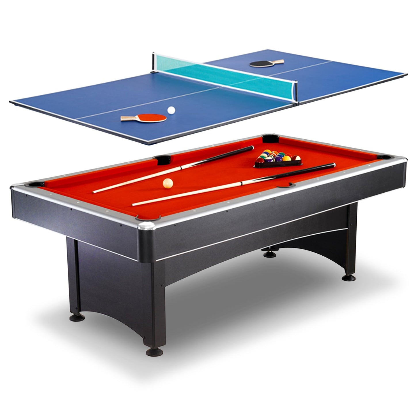 Hathaway Maverick 7 Foot Pool Table with Table Tennis Top – With Accessories for Both Games – Space-Saving Ping Pong and Pool Table Combo for Families – Matte Black Finish, Red Felt