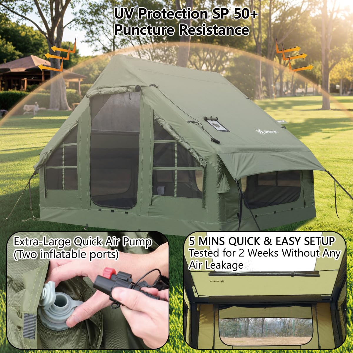 Inflatable Tent for Camping with Hand Pump Blow Up Tent Glamping 4 Season Air, Easy Setup Waterproof Outdoor Oxford Army Green 4-6 Person House Breathable Large Luxury