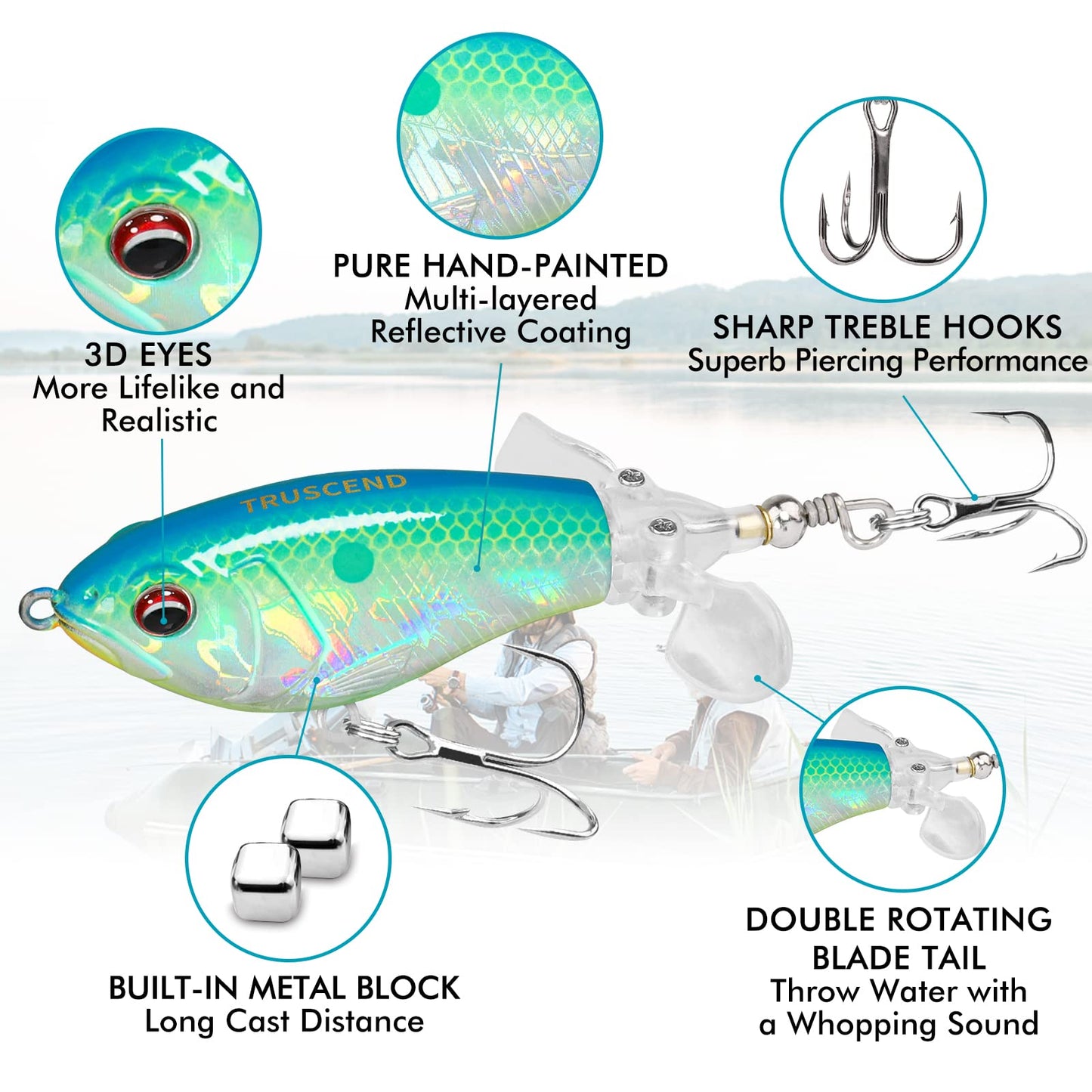 TRUSCEND PoPobait Plopper with BKK Hooks, Top Water Fishing Lures for Bass Walleye Pike Catfish Musky Perch, Floating Lure for Freshwater or Saltwater, Amazing Teasers Fishing Gifts for Family Fishing