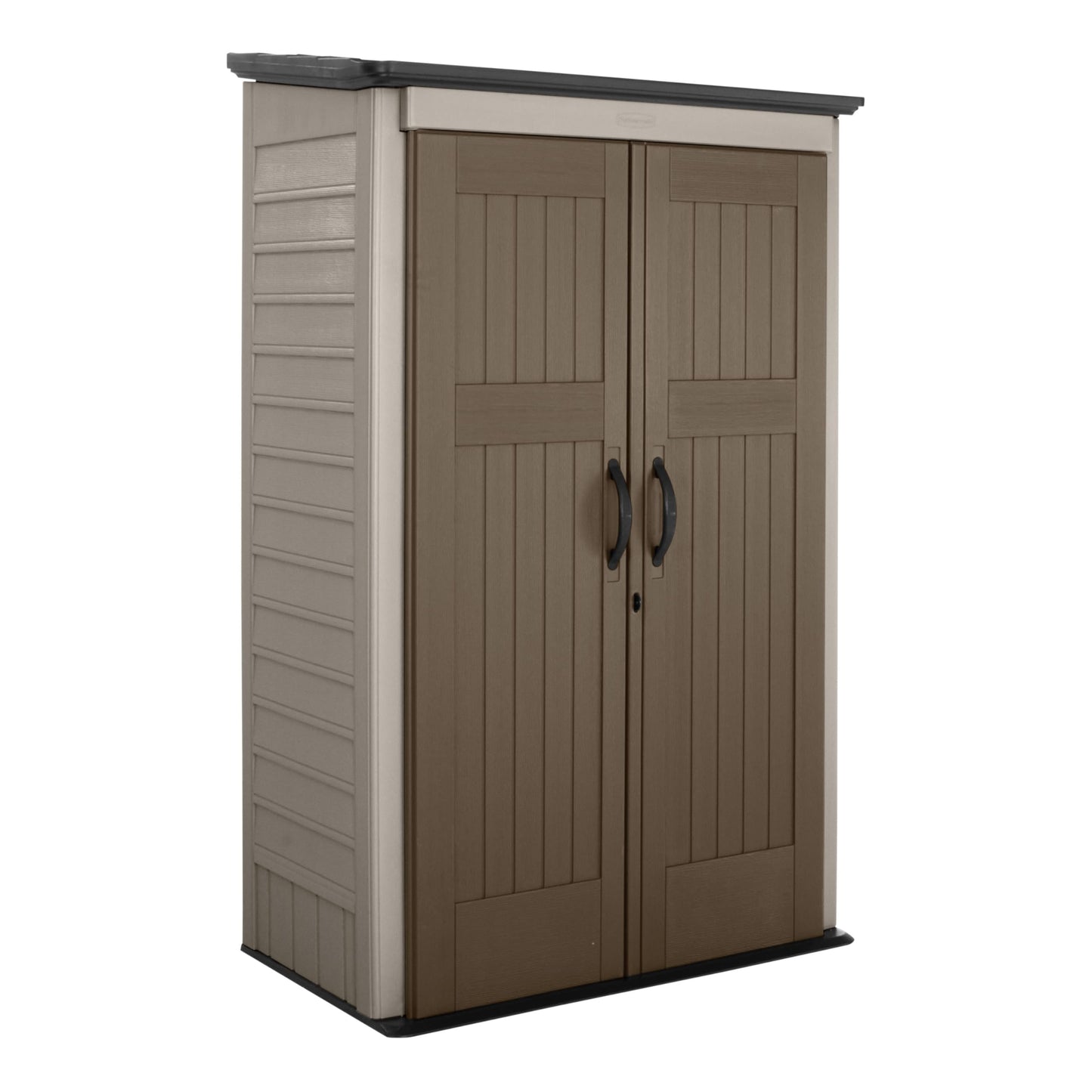 Rubbermaid Vertical Resin Outdoor Storage Shed With Floor (4 x 2.5 Ft) Weather Resistant Brown Organization for Home/Backyard/Garden Tools/Porch/Patio Cushions/Pool Chemicals/Toys