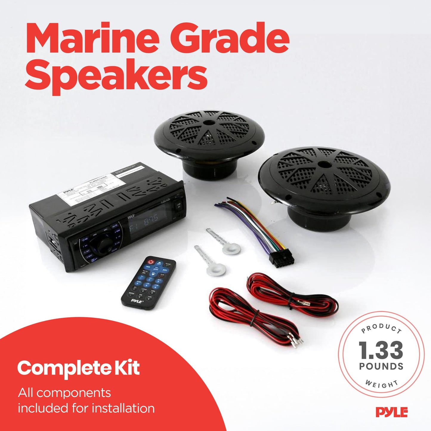 Pyle Marine Receiver & Speaker Kit - In-Dash LCD Digital Stereo Built-in Bluetooth & Microphone w/ AM FM Radio System 5.25’’ Waterproof Speakers (2) MP3/USB/SD Readers & Remote Control - PLMRKT36WT