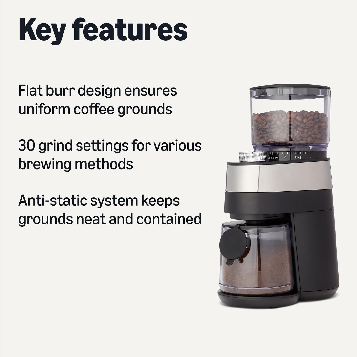 Amazon Basics Burr Coffee Grinder, 30 Grind Settings for French Press, Drip Coffee and Espresso, Anti-Static System, 6.5-Ounce Hopper, Black