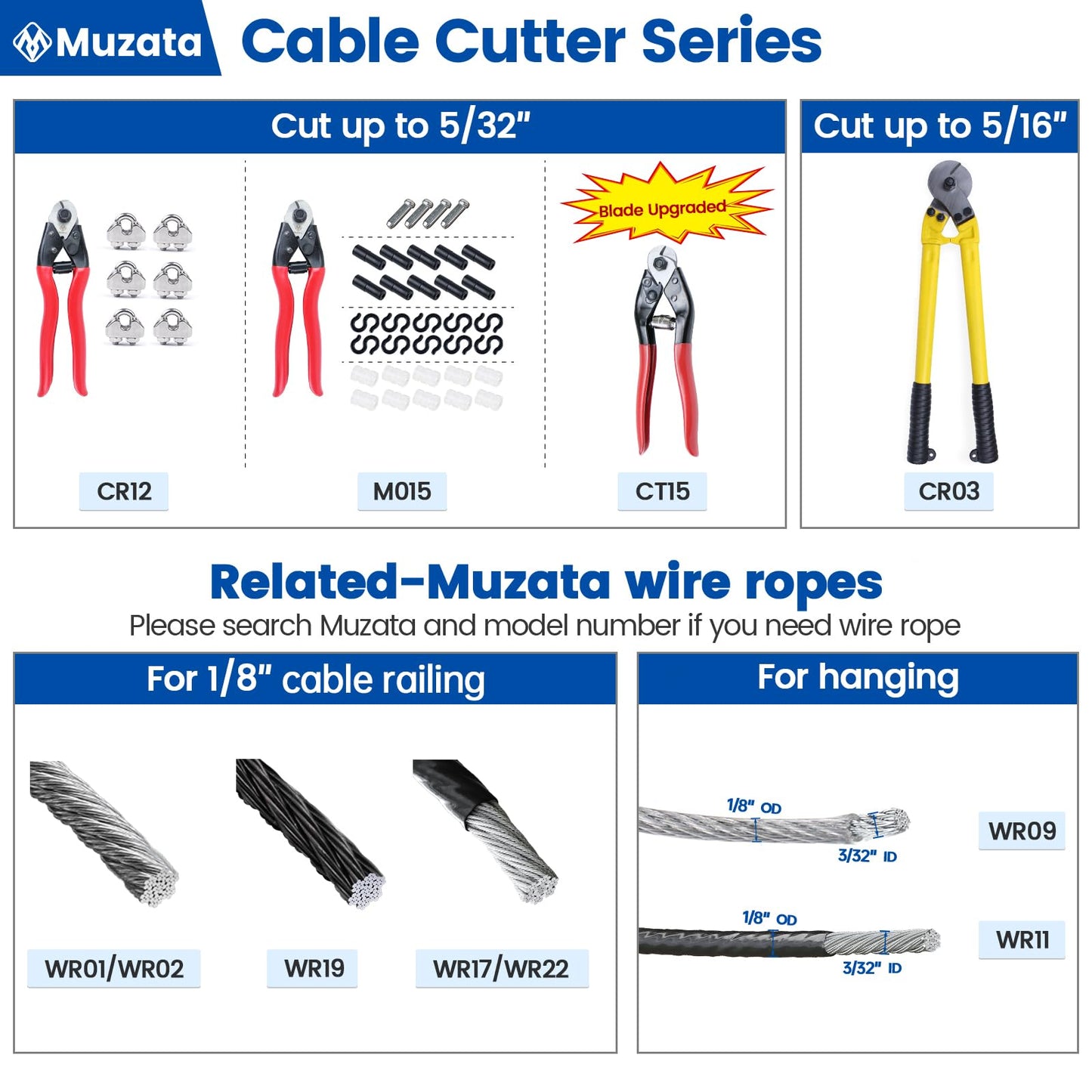 Muzata Cable Cutter Wire Cutter Heavy Duty Up to 1/8" 5/32" Stainless Steel Aircraft Wire Rope for Deck Railing Metal Fence Bicycle Brake Bike DIY Project CR12