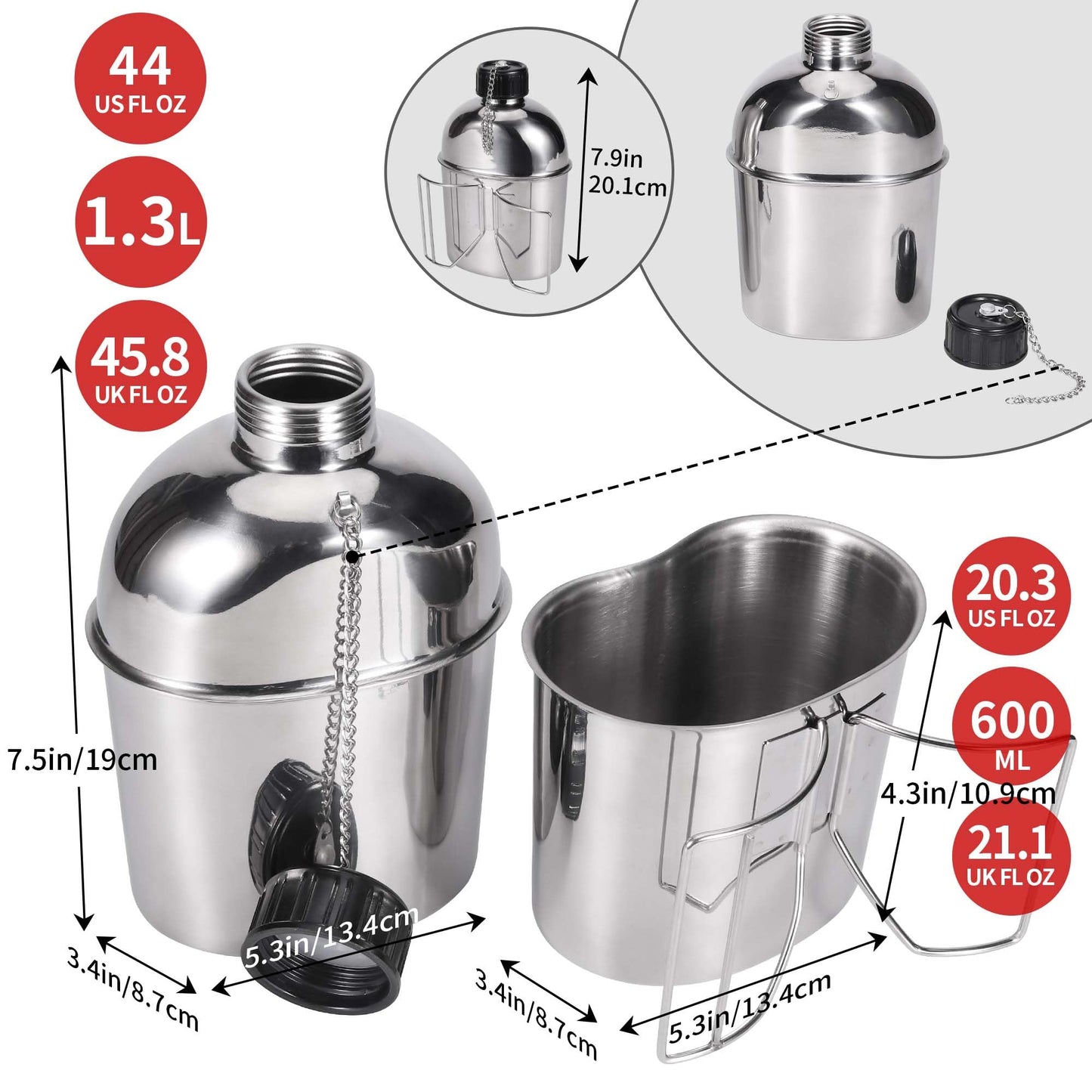 Goetland Stainless Steel WWII US Army Canteen Water Bottle Military Canteen Kit 1QT with 0.5QT Cup Nylon Pouch G.I.