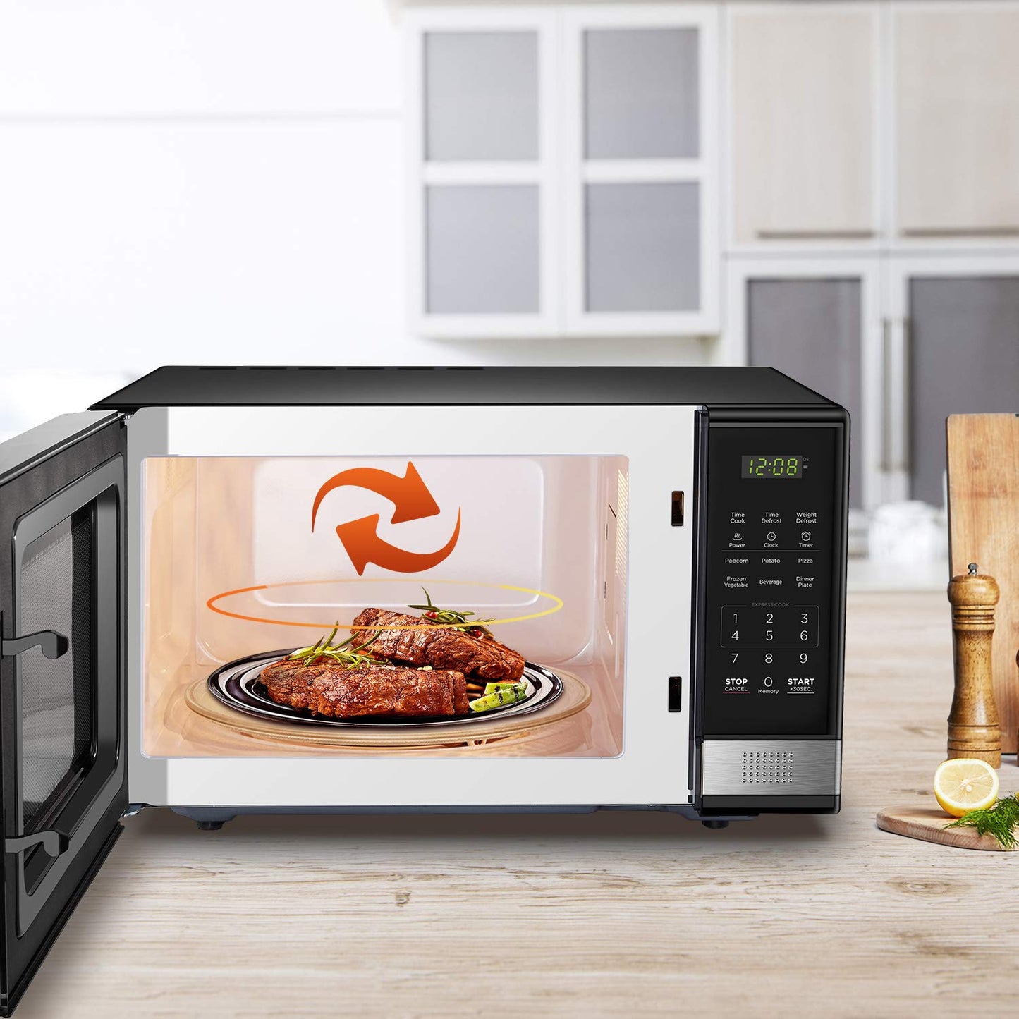 BLACK+DECKER EM720CB7 Digital Microwave Oven with Turntable Push-Button Door, Child Safety Lock, 700W, Stainless Steel, 0.7 Cu.ft