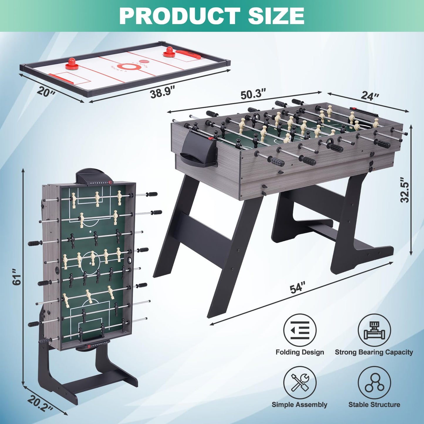 RAYKEEP Foldable Multi Game Table, 54" 4-in-1 Combo Game Table Set with Ping Pong, Hockey, Pool Billiards and Foosball for Kids, Adults, Home, Game Room, Friends & Family