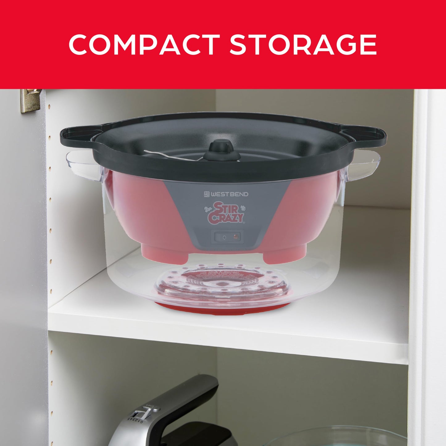 West Bend Stir Crazy Hot Oil Popcorn Popper, Popcorn Maker Machine with Large Serving Bowl Lid and Stirring Rod Perfect for Movie Night Snack Time or Parties, 6-Quart, Red