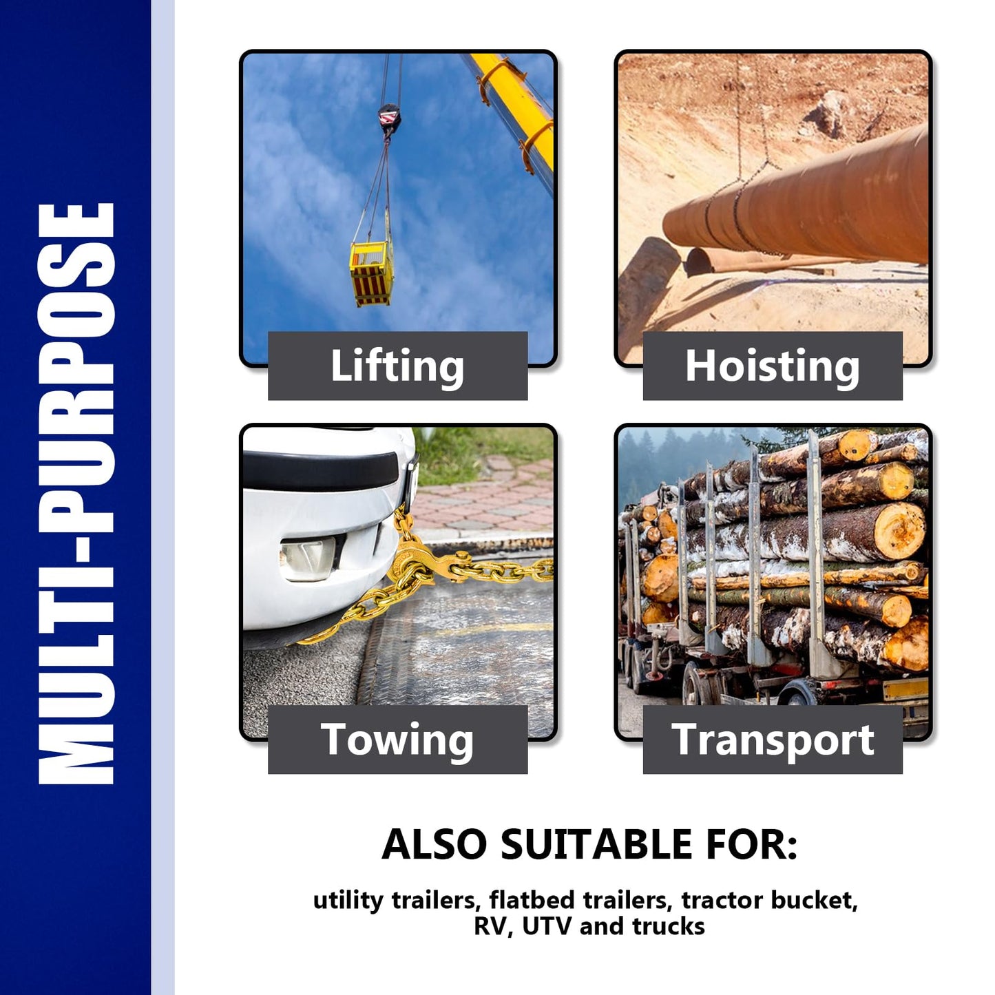 3/8 Chain Trailer Chains with Hooks, Grade 80 Tow Log Chain 7100 lbs Working Load for Truck Farm Construction(3/8 in x 10FT)