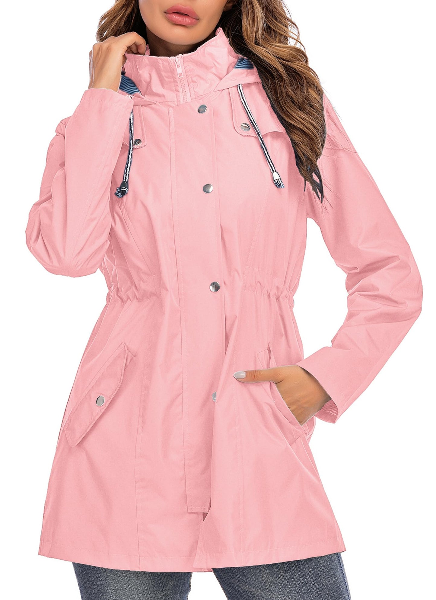 Rain Jacket Women Striped Lined Hooded Lightweight Raincoat Outdoor Waterproof Windbreaker