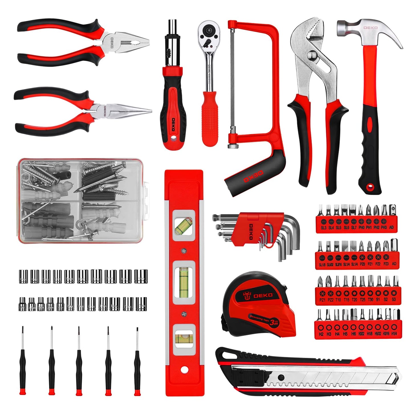DEKOPRO 228 Piece Socket Wrench Auto Repair Tool Combination Package Mixed Tool Set Hand Tool Kit with Plastic Toolbox Storage Case