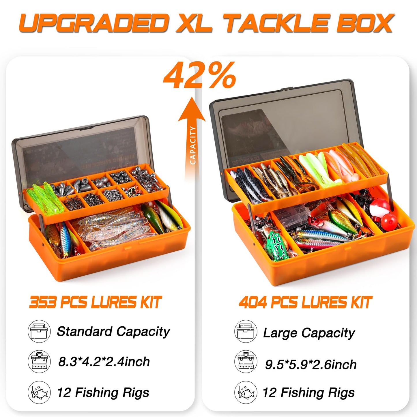 PLUSINNO 353/404 PCS Fishing Lures, Upgrade Fishing Tackle Box with Tackle Included, Crankbaits, Hooks, Weights, Other Accessories, Fishing Lure Bait Gear Equipment Kit Gift for Men Freshwater Bass
