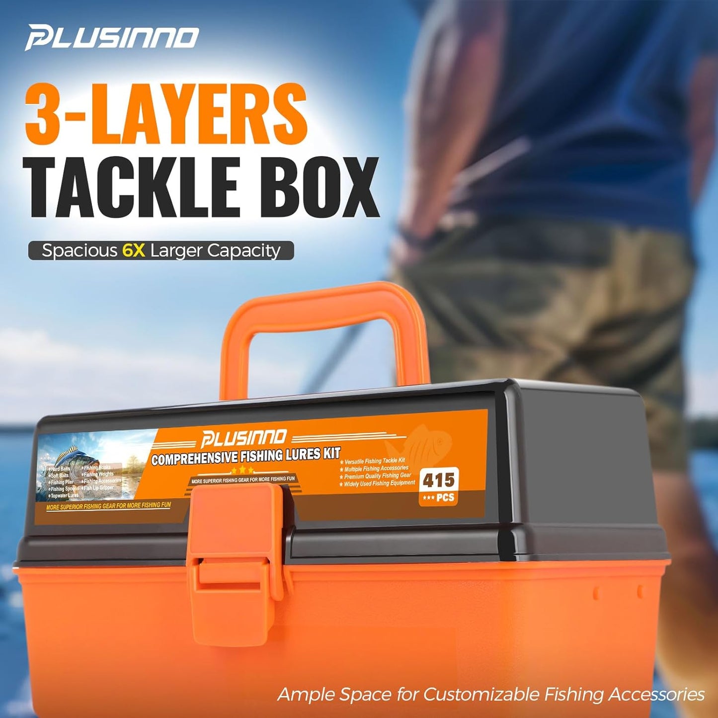 PLUSINNO Large 3 Layers Tackle Box with Tackle Included, 415Pcs Fishing Lures Kit Contains Pliers, Crankbait, Hooks, Weights & Accessories, Comprehensive Bait Lure Gear Gifts for Men Bass Freshwater