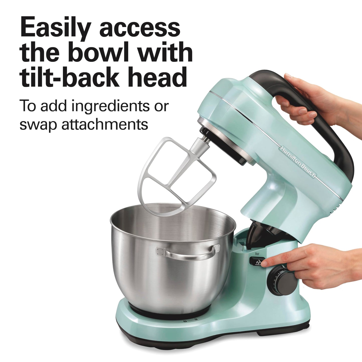Hamilton Beach Electric Stand Mixer, 4 Quarts, Dough Hook, Flat Beater Attachments, Splash Guard, 7 Speeds with Whisk, Easy-Carry Top Handle, Blue