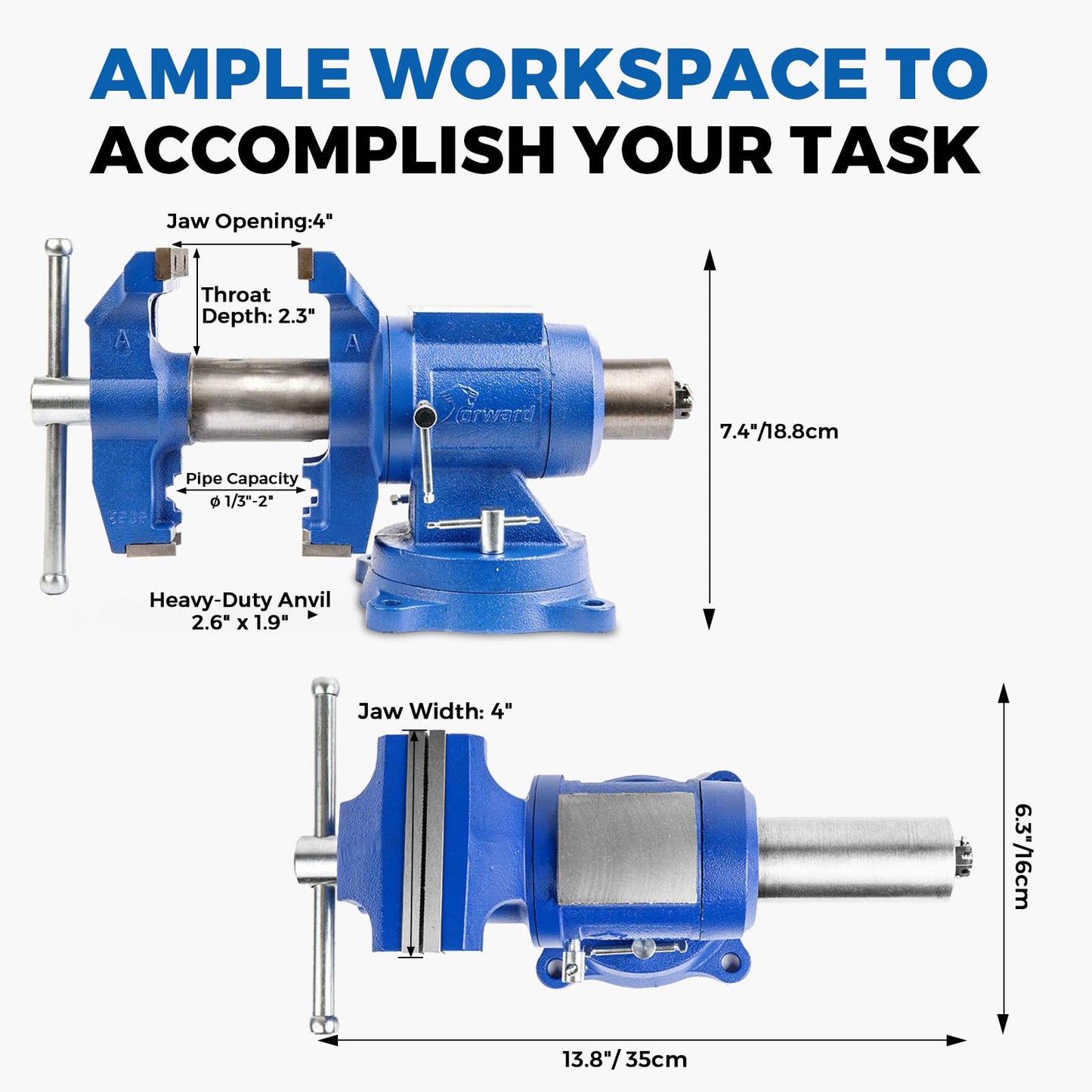 Forward DT08125A 5-Inch Heavy Duty Bench Vise 360-Degree Swivel Base and Head with Anvil (5", Ductile Iron)