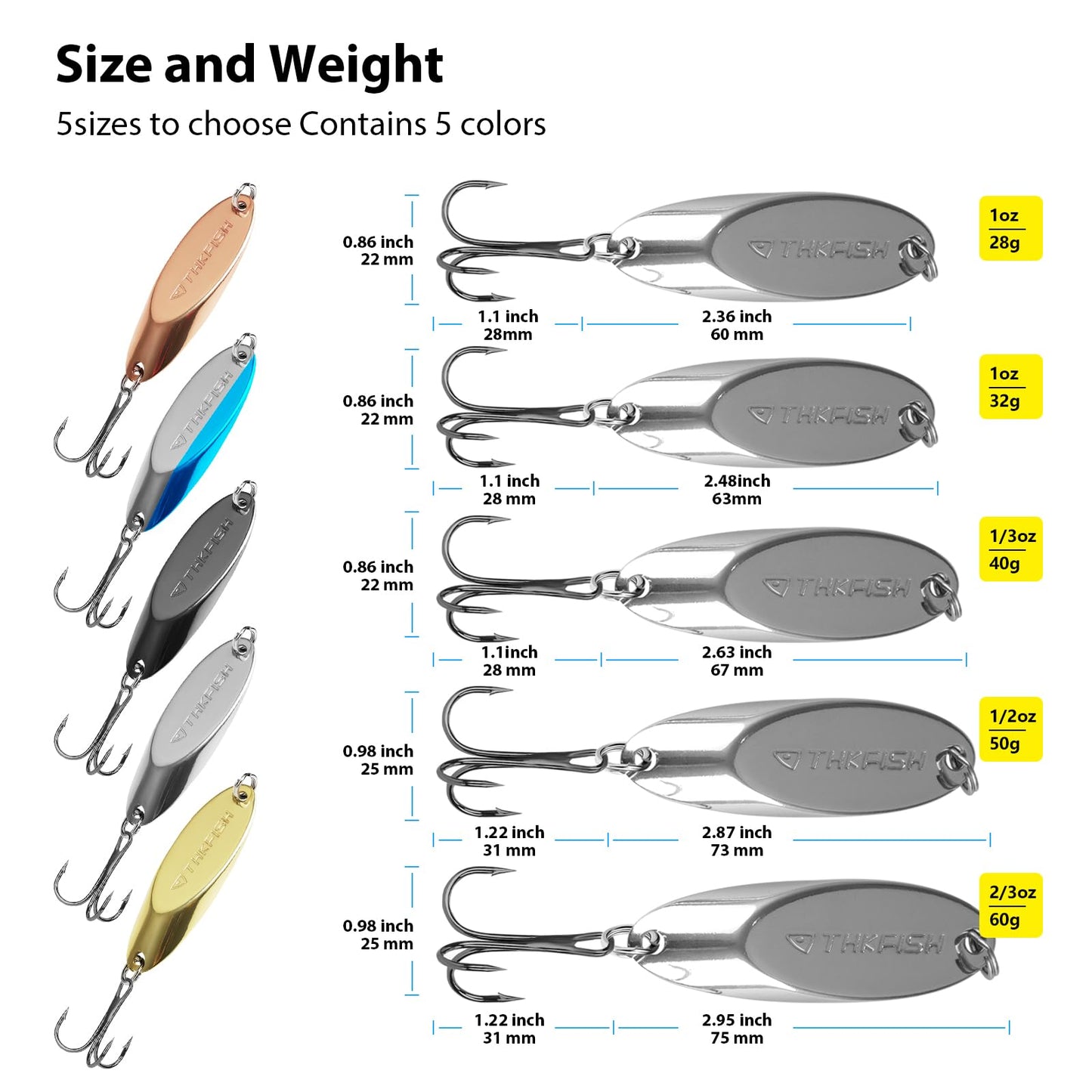 THKFISH Fishing Lures Trout Lures Fishing Spoons Lures for Trout Pike Bass Crappie Walleye 1/8oz 1/5oz 1/4oz 3/8oz 1/2oz 3/4oz 5pcs