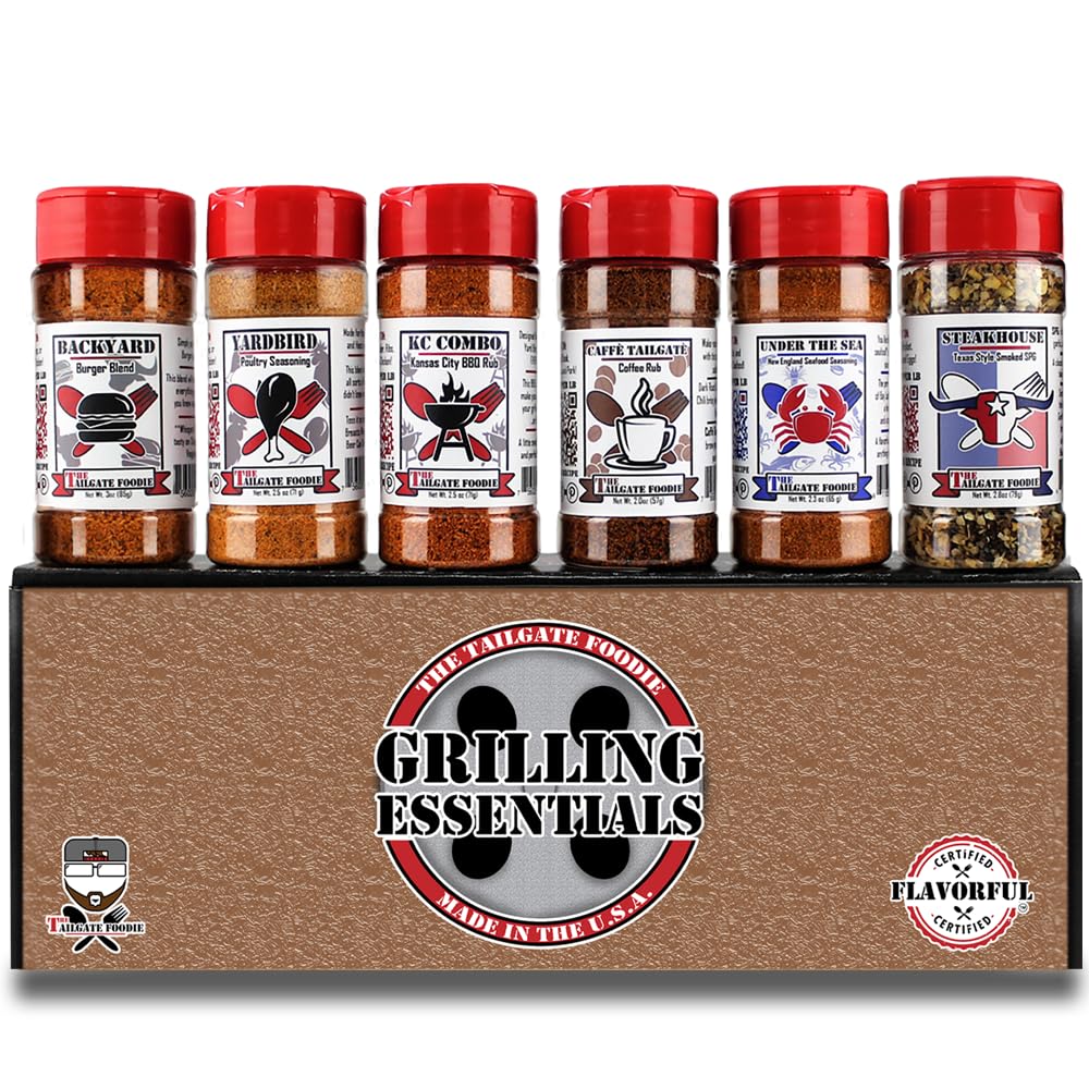 THE TAILGATE FOODIE Rare Pitmaster Gourmet Seasonings | 8 pc Grill Essentials Gift Set | 6 Secret Competition BBQ Spice Blends for Ribs, Pork, Brisket, Chicken, Fish, Steak *Great Christmas Gift*