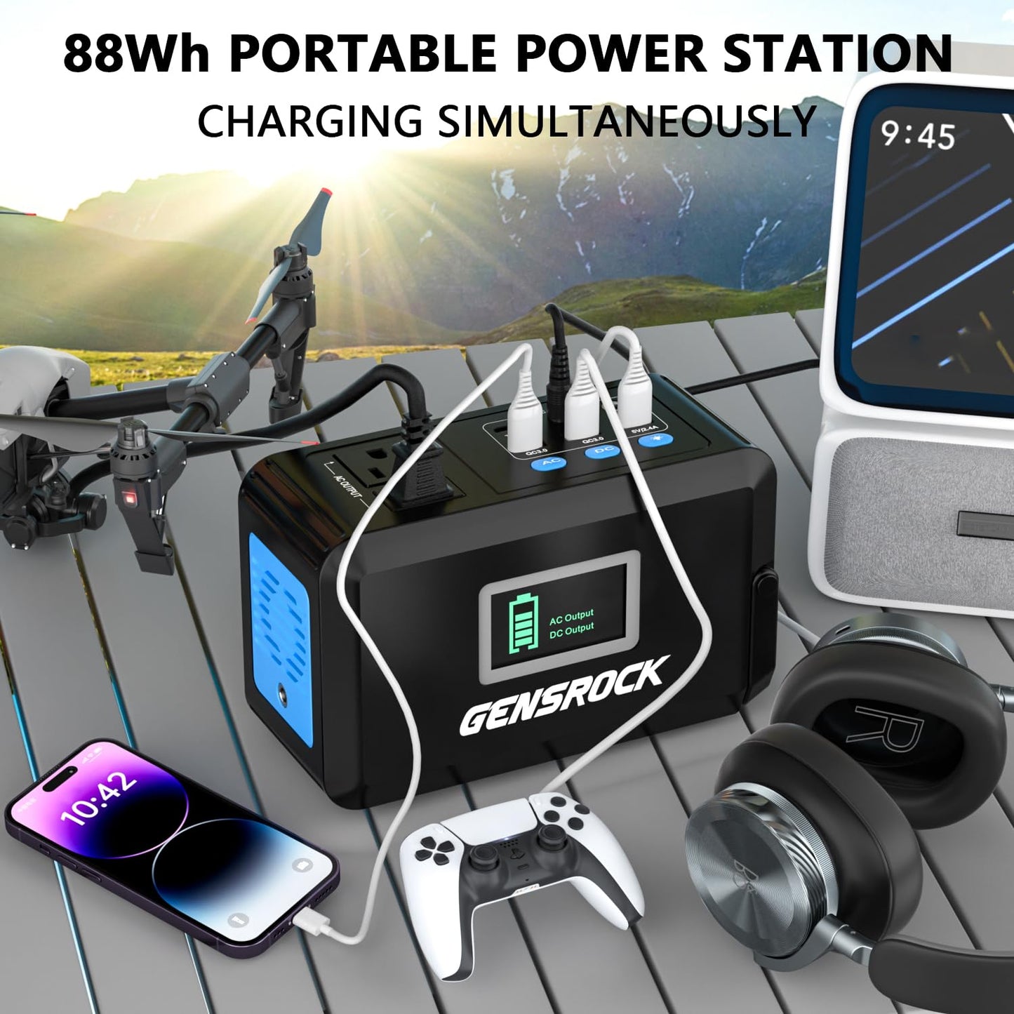 GENSROCK Portable Power Station, 110V/300W Pure Sine Wave Solar Generator, 222Wh Backup Lithium Battery With AC Outlet/QC 3.0/Type-C/LED Light for CPAP Family Emergency Outdoor Camping RV Travel.