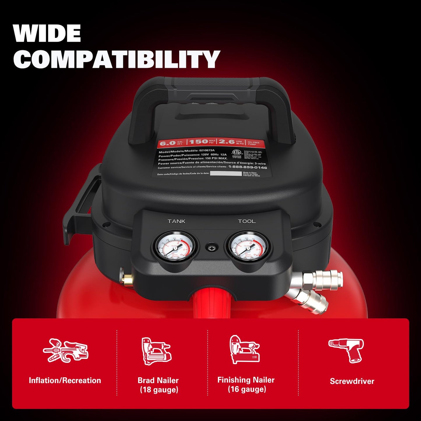 Air Compressor 6 Gallon 150 PSI Pancake Portable Oil-free Tank with 10 PCS Accessories Kit