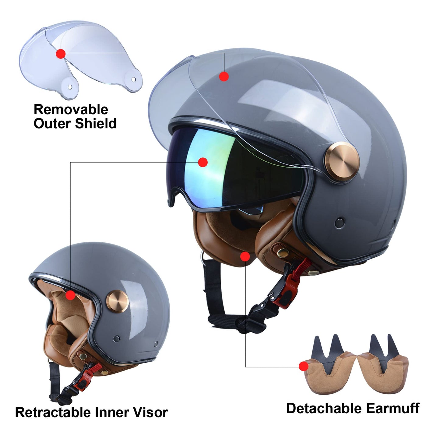 Open Face Motorcycle Helmet for Adults, DOT Approved,3/4 Retro Vespa Helmet, Dual Visors Men's and Women's Motorbike Casco for Moped Cruiser Bobber and Chopper
