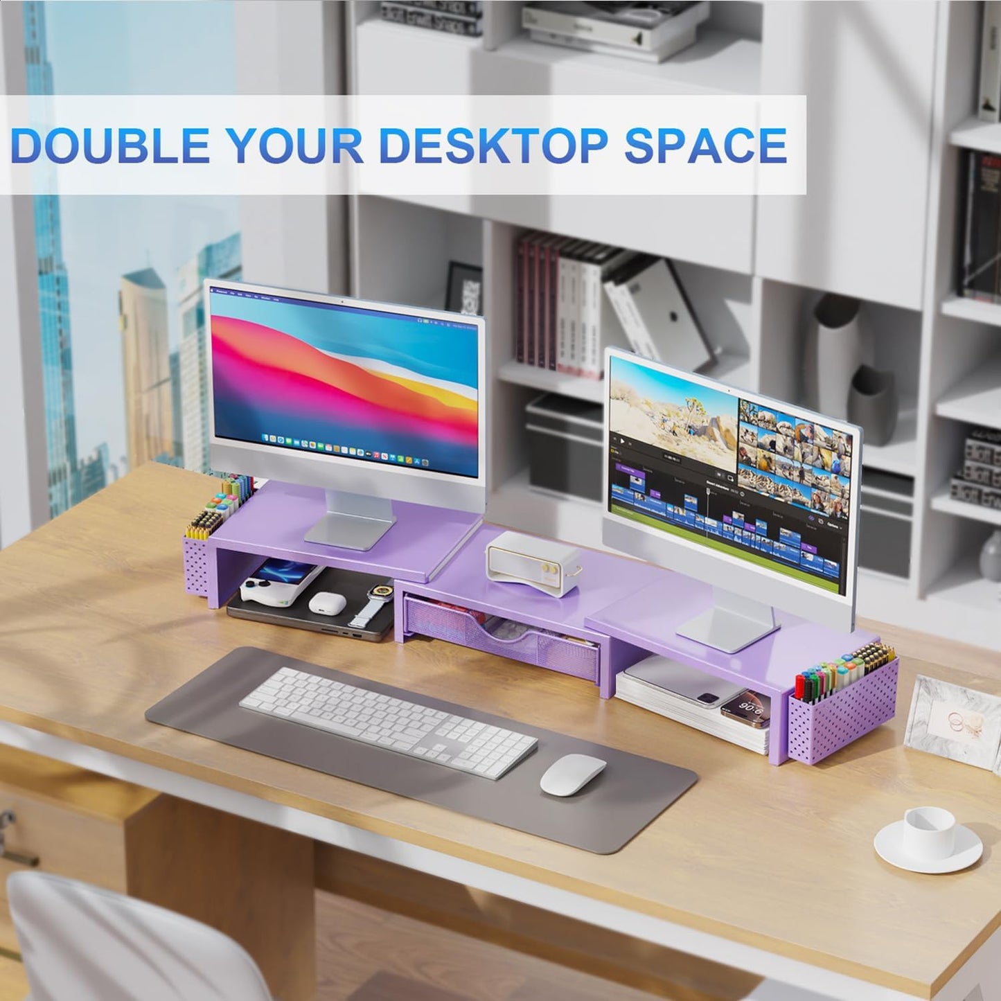 gianotter Dual Monitor Stand Riser, Desk Organizer With Drawer and 2 Pen Holders, Desk Organizers and Accessories, Purple Office Decor (Purple)