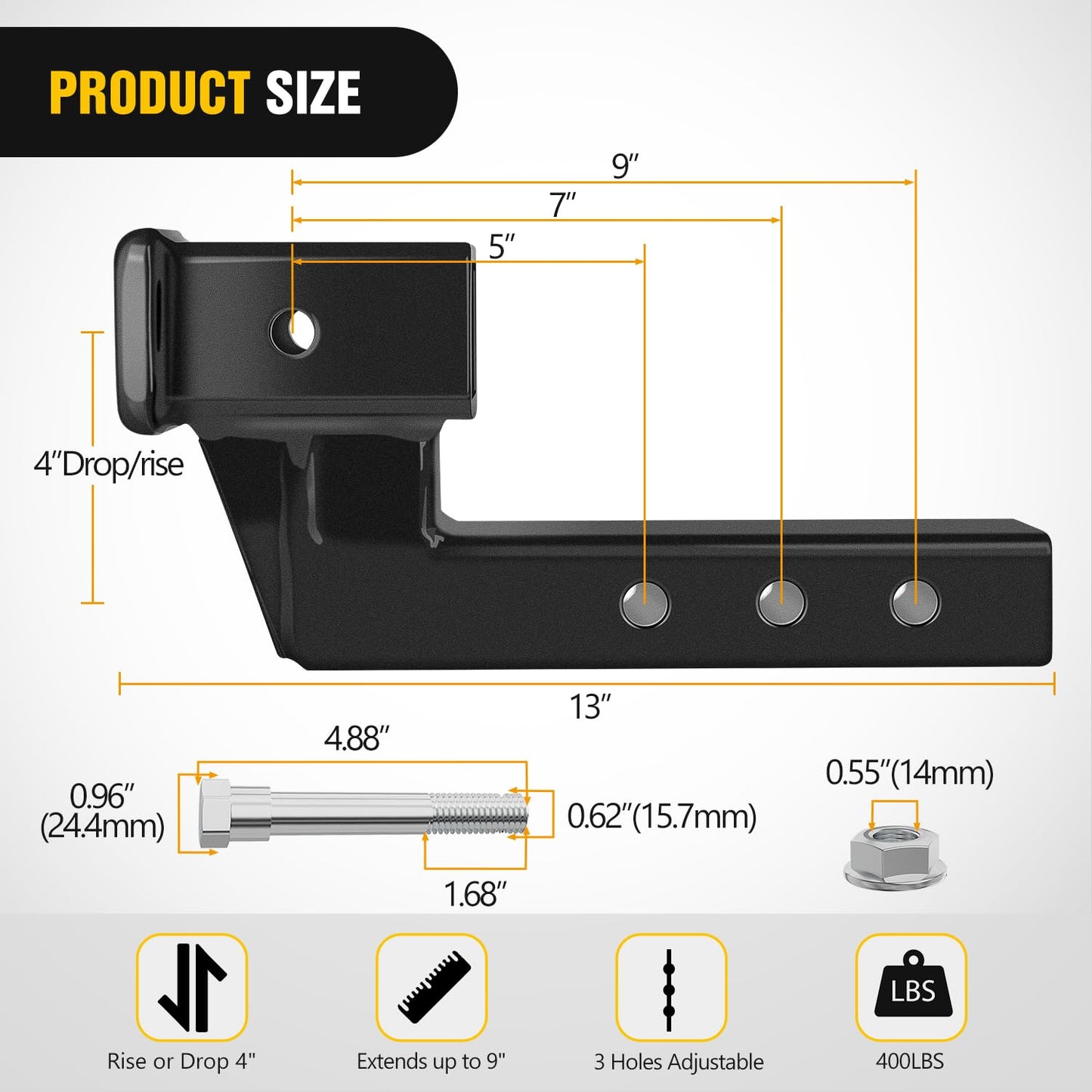 Nilight Trailer Hitch Receiver Extender Adapter Reducer 1-1/4 to 2Inch Hitch Adapter 6-1/2 inch Extension Sleeve Convertor 350Lbs with 1/2-Inch Diameter Pin and Clip with 5/8-Inch Adapter