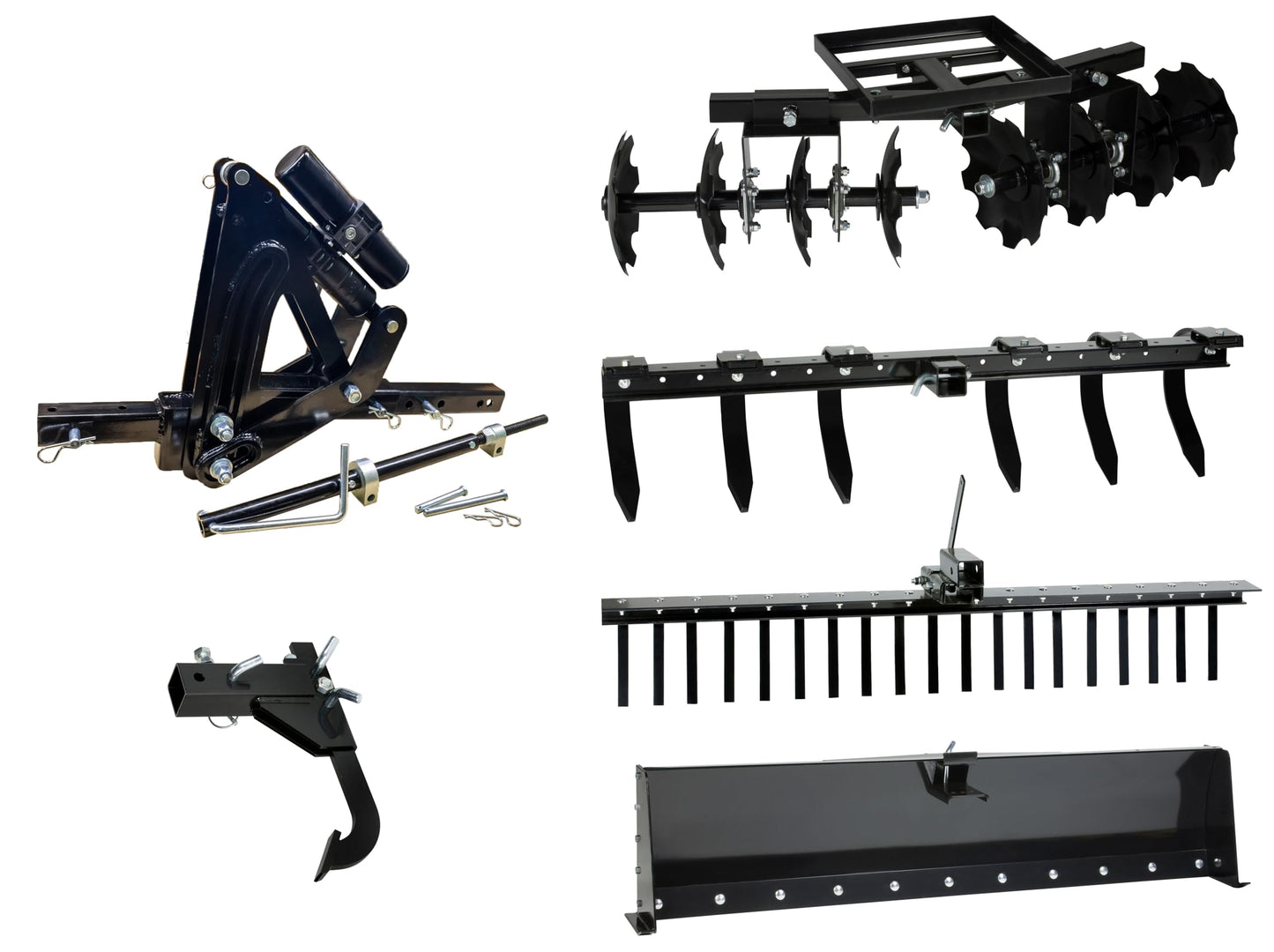 Impact IMPLEMENTS® 6-Piece Implement Kit for ATV, UTV, and Garden Tractors - Includes Lift, Landscape Rake, Cultivator, Box Blade, Disc Plow, and Middle Buster.