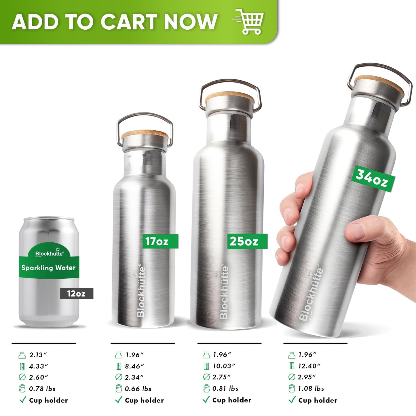 Blockhütte Vacuum Insulated Stainless Steel Water Bottle I 25 oz I Wide Mouth Metal Bottle for hot and cold drinks I BPA-Free I for Travel, School I Kids, Adults, Water Canteen, Sports, flask