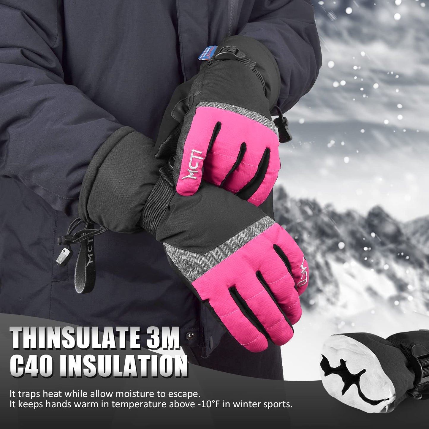 MCTi Ski Gloves,Winter Waterproof Snowboard Snow 3M Thinsulate Warm Touchscreen Cold Weather Women Gloves Wrist Leashes Rose Red Medium