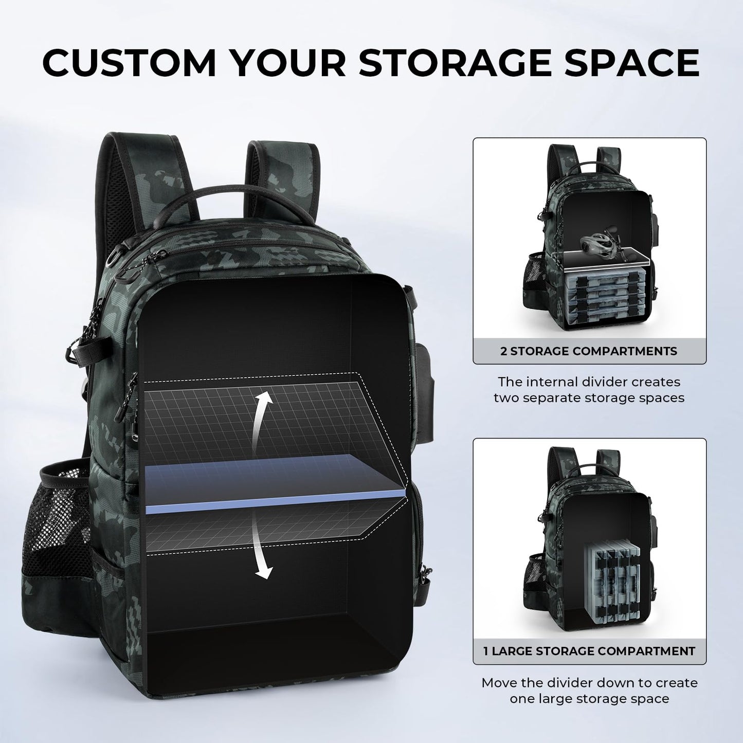 KastKing BaitSpace 50L Fishing Tackle Backpack with Removable Bait Binder & 4 Tackle Boxes, Rod Holders Storage Fishing Gear