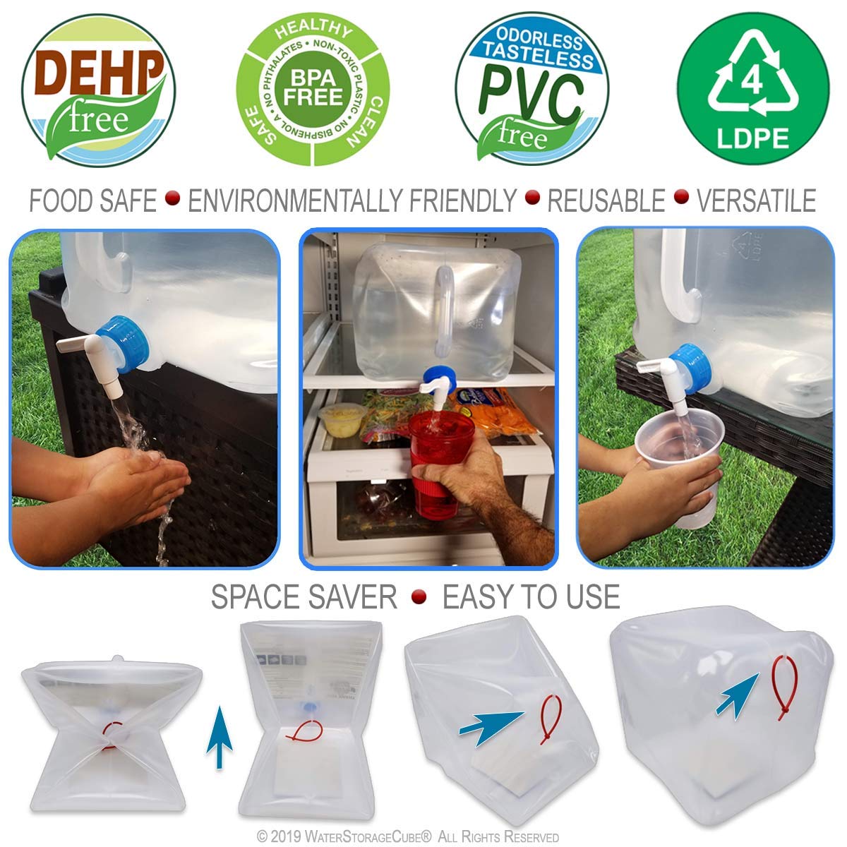 WaterStorageCube BPA Free Collapsible Water Container with Spigot, Camping Water Storage Carrier Jug for Outdoors Hiking Backpack & Survival Kit, Foldable Portable Water Canteen 1.3/2.6/5.3 Gallon