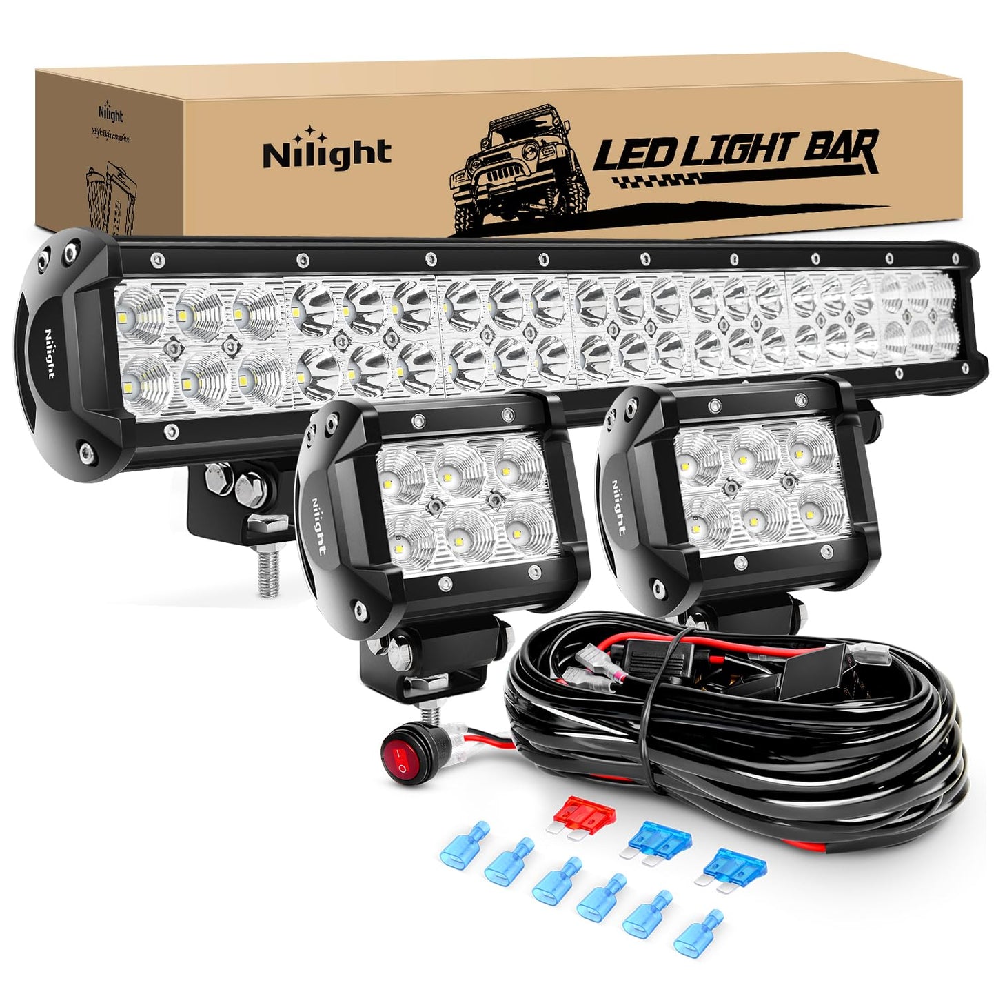 Nilight - ZH003 20Inch 126W Spot Flood Combo Led Light Bar 4PCS 4Inch 18W Spot LED Pods Fog Lights for Jeep Wrangler Boat Truck Tractor Trailer Off-Road, 2 Years Warranty
