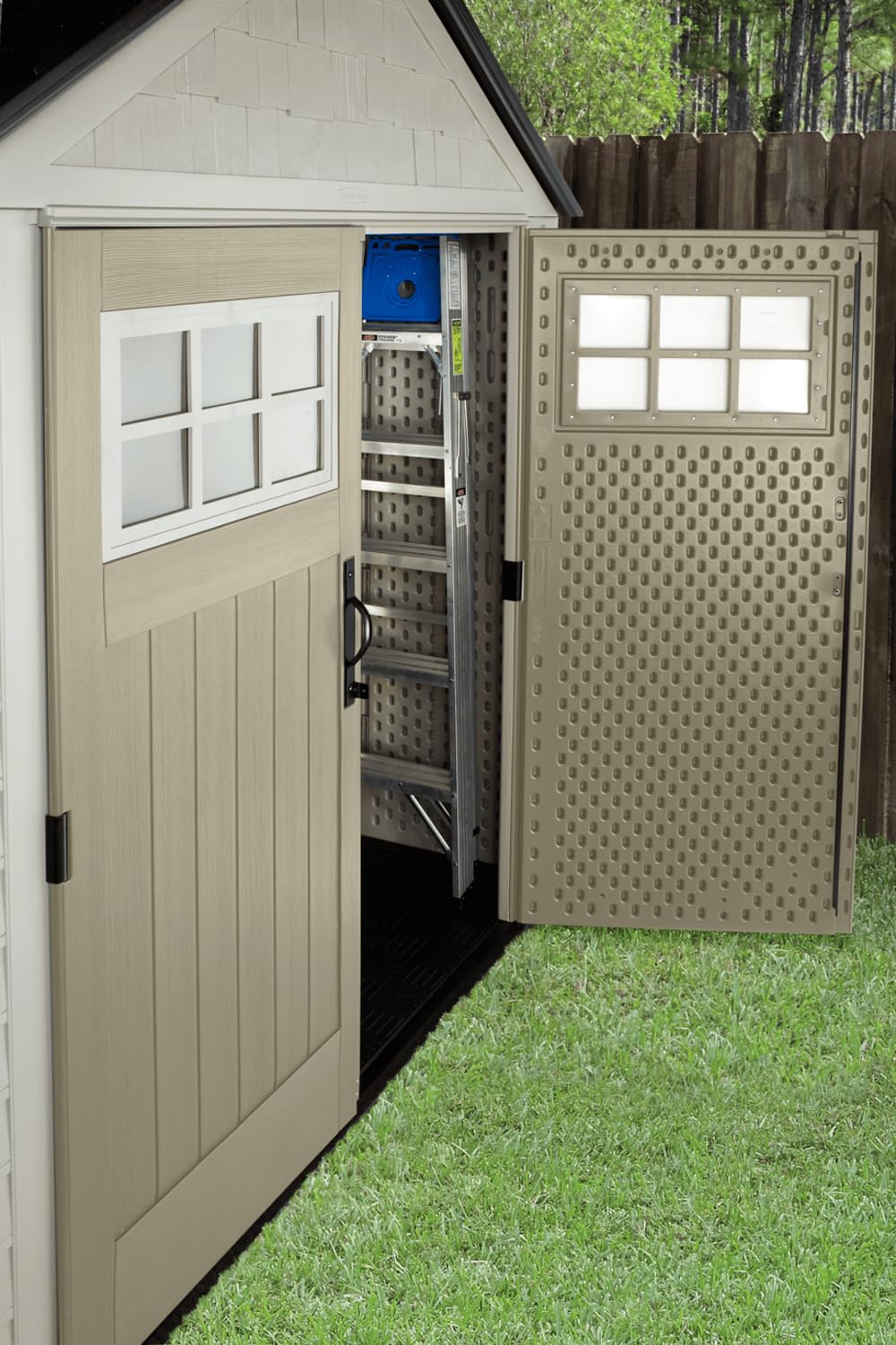 Rubbermaid Extra Large Resin Outdoor Storage Shed With Floor (7 x 10 Ft.), Weather Resistant, Brown, Organization for Home/Lawn Mower/Backyard Equipment/Bike Storage/Pool Supplies