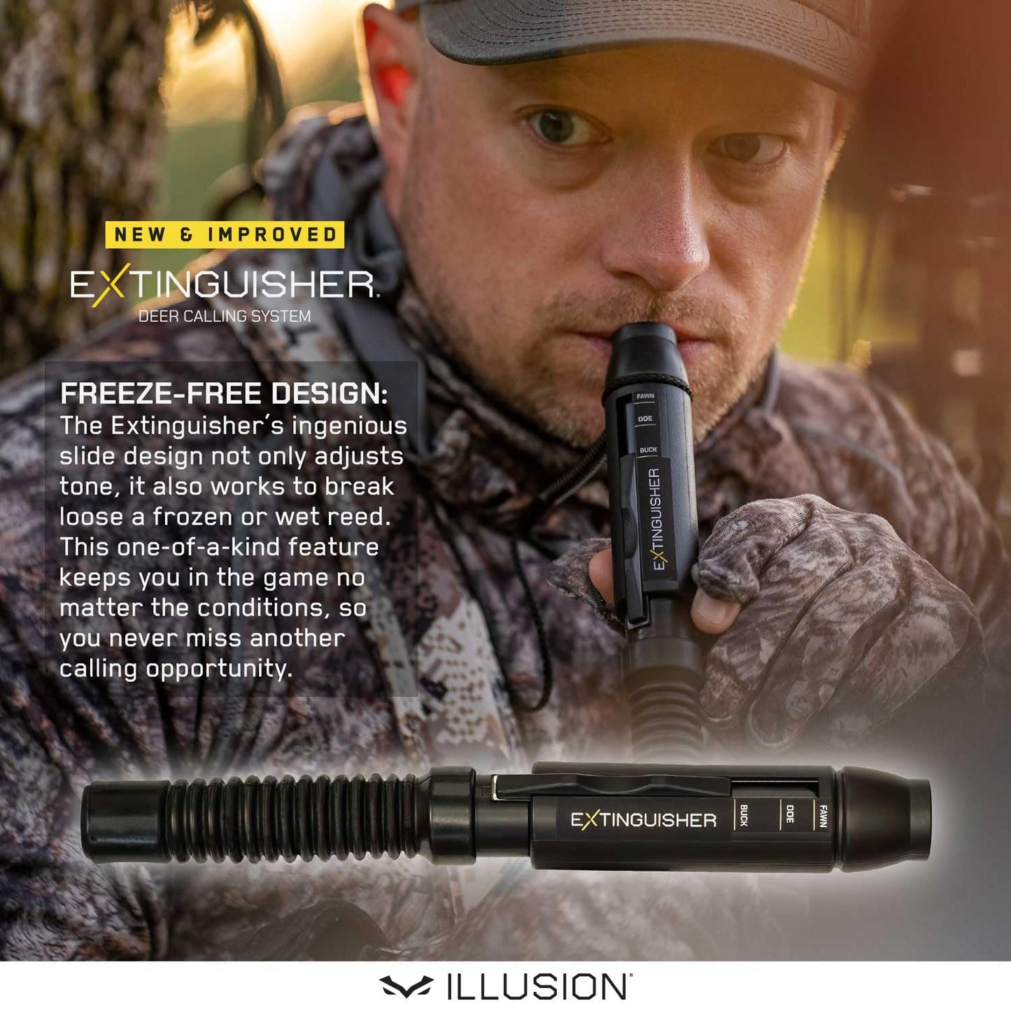 Extinguisher Deer Call by Illusion | Grunt Tube | Buck, Doe, Fawn | Adjustable 10-in-1 Call | Color (CAMO/Black) | Freeze Resistant