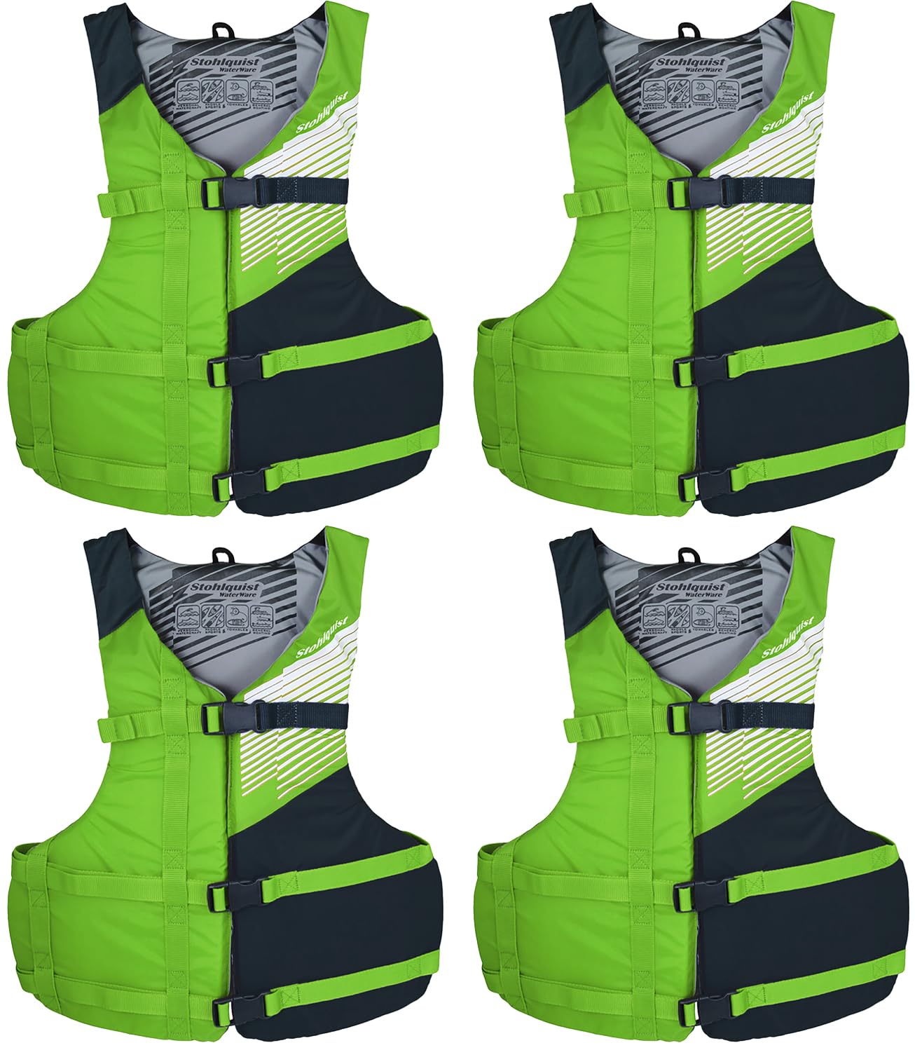 Stohlquist Universal Fit Adult Life Jacket PFD (2 and 4 Pack) Coast Guard Approved for Men and Women 90+ lbs, Lightweight Neoprene and Adjustable, Ideal for Boating, Kayaking & Water Sports