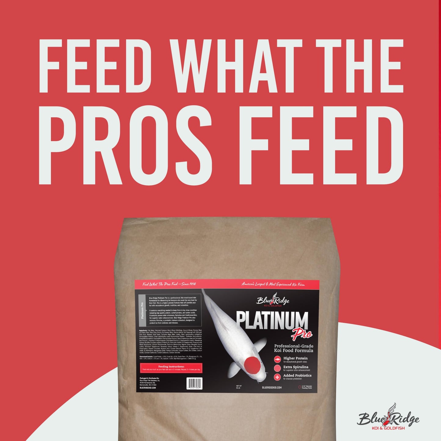 Blue Ridge Koi Fish Food 14lb - Koi Food 3/16” Platinum Pro Formula Goldfish Food, Premium Fish Food for Ponds, Ponds Fish Food, Floating Pond Pellet